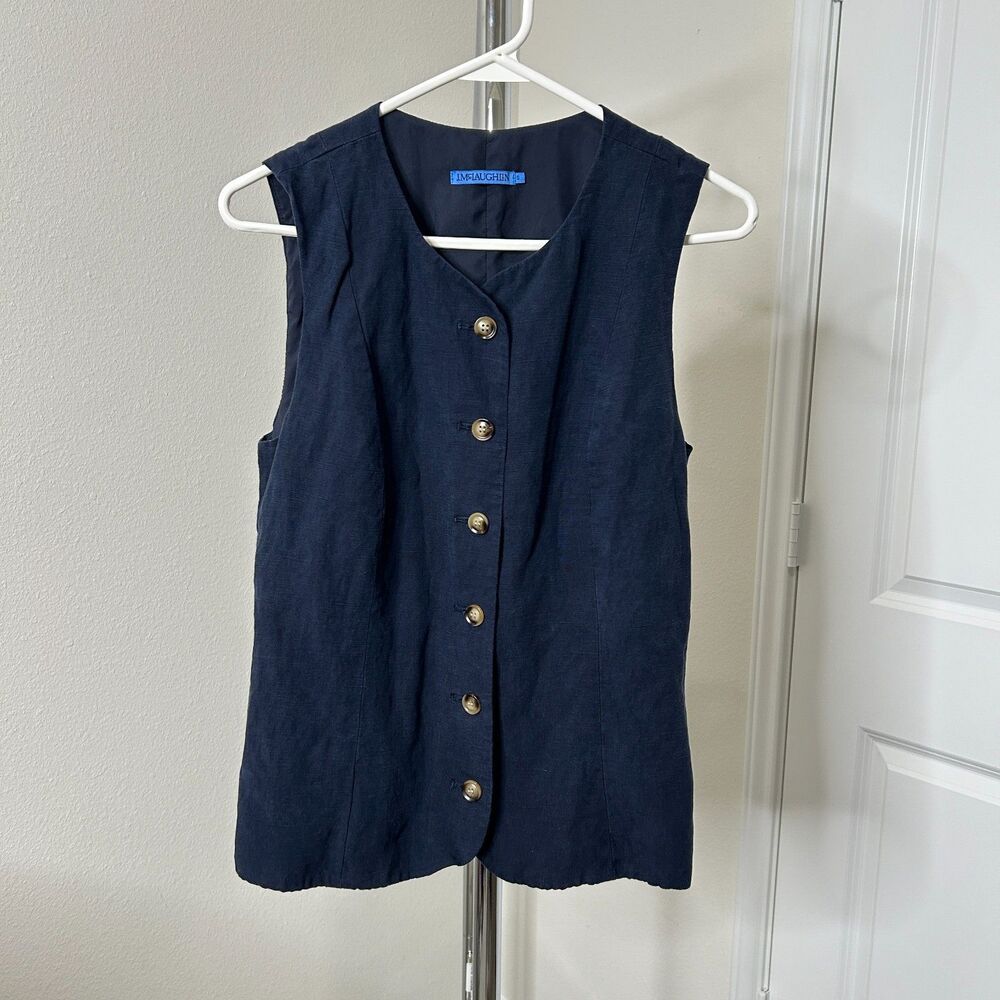 J.McLaughlin Vest Womens Small Blue Linen Blend Buckle Back Button Front Preppy